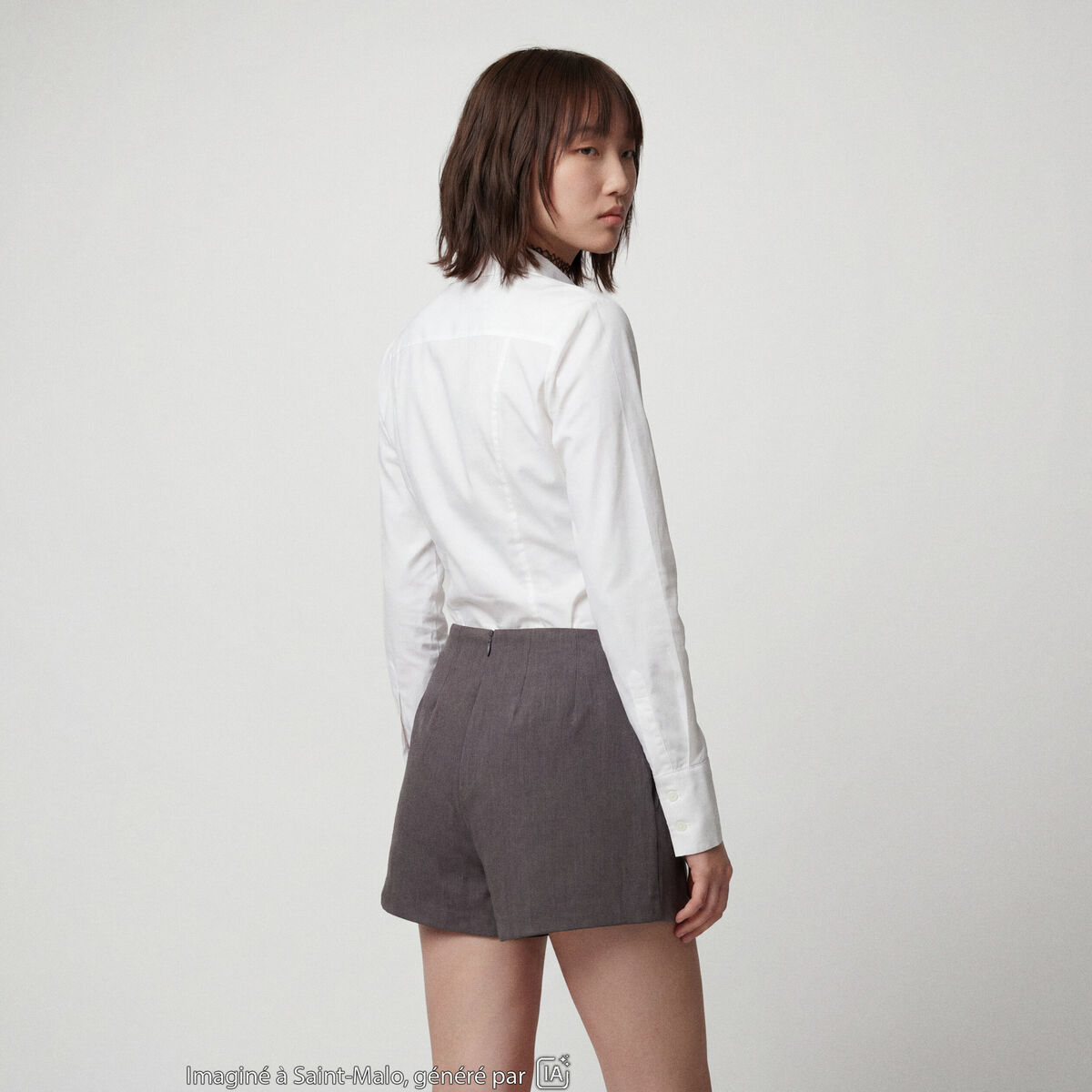 Jupe-short taille haute avec ceinture gris fonc&eacute;