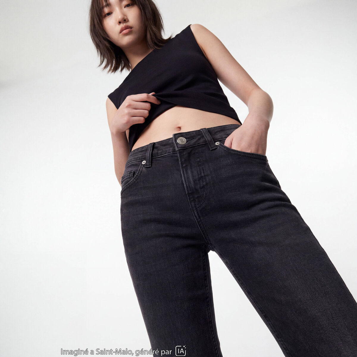 Jean bootcut taille basse denim noir ado