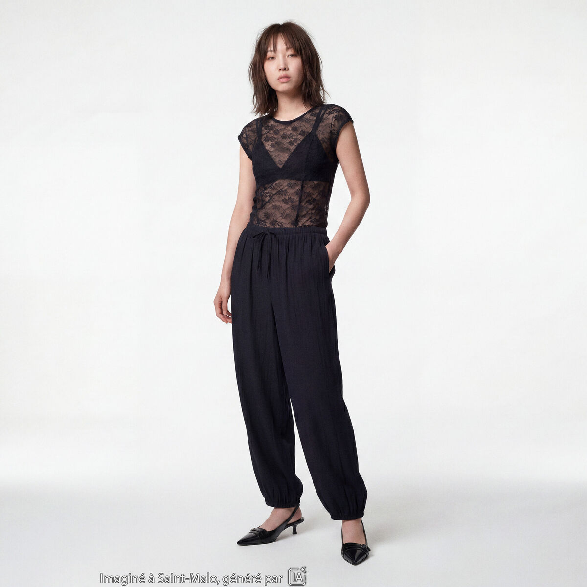 Pantalon large en cr&ecirc;pe taille standard noir