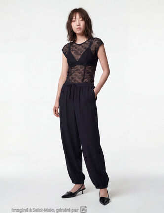 Pantalon large en cr&ecirc;pe taille standard noir
