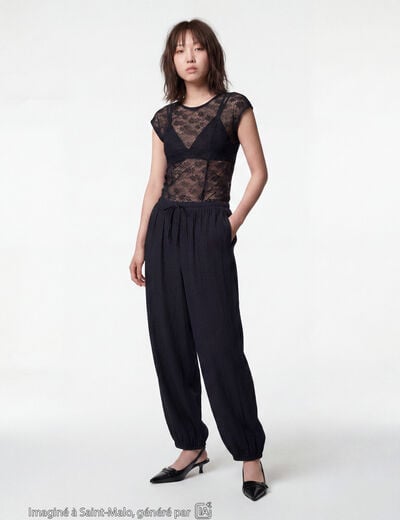 Pantalon large en cr&ecirc;pe taille standard noir