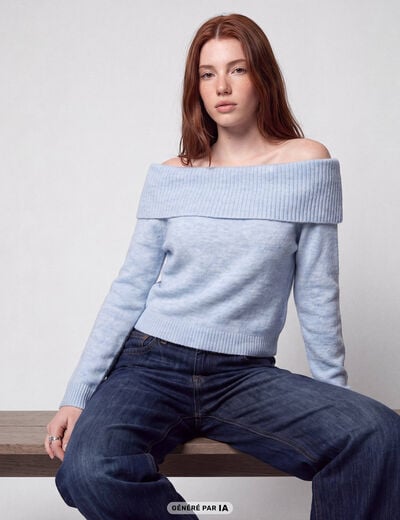 Pull col bardot manches longues bleu ciel