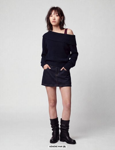 Pull col bardot manches longues bleu marine