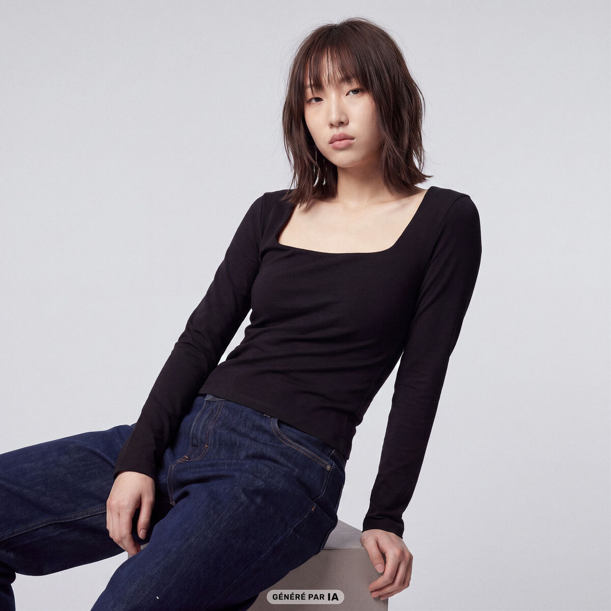 T-shirt ajust&eacute; d&eacute;collet&eacute; manches longues noir