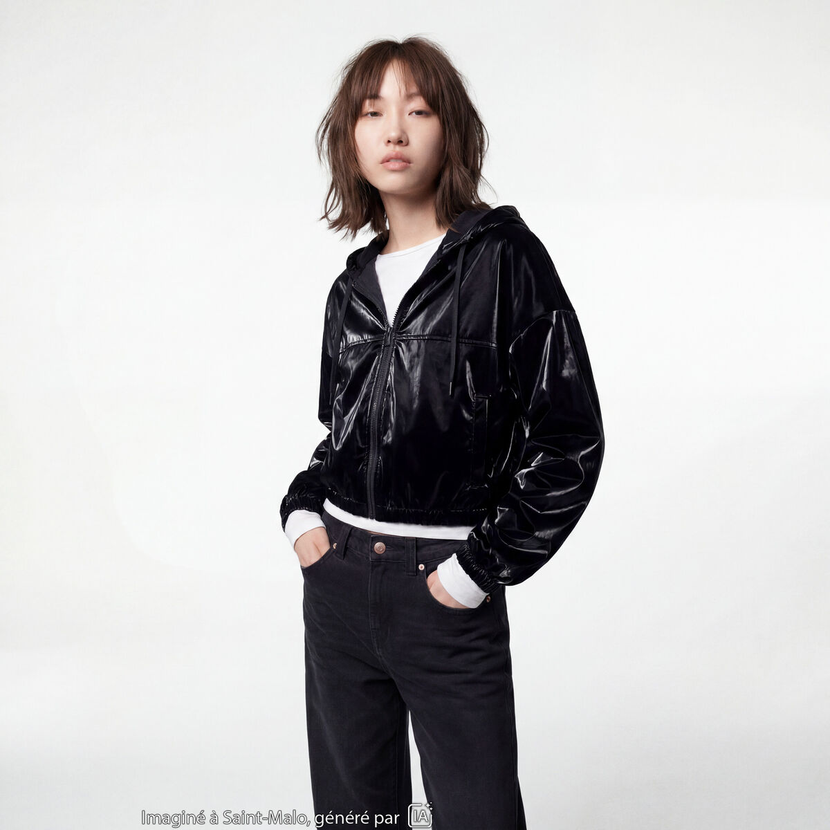 Blouson droit cropped &agrave; capuche velours noir