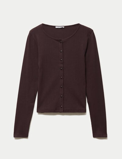 Gilet ajust&eacute; col rond manches longues marron fonc&eacute;