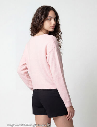 Pull col v manches longues rose clair