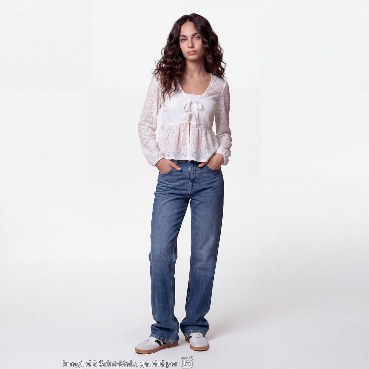 Chemise cintr&eacute;e dentelle col en V ecru