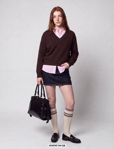 Pull ajust&eacute; d&eacute;collet&eacute; manches longues marron fonc&eacute;