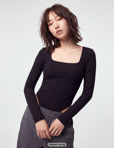 Body ajust&eacute; d&eacute;collet&eacute; manches longues noir