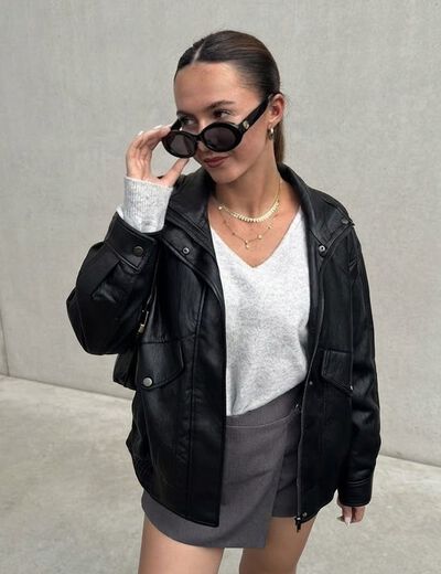 Veste oversize similicuir col biker noir