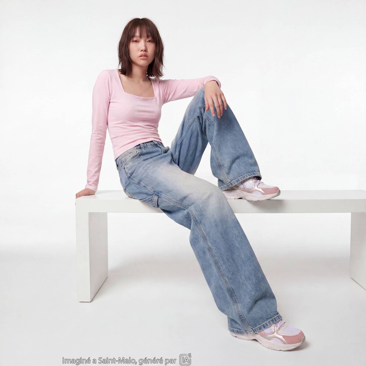 Jean loose taille standard denim bleach ado