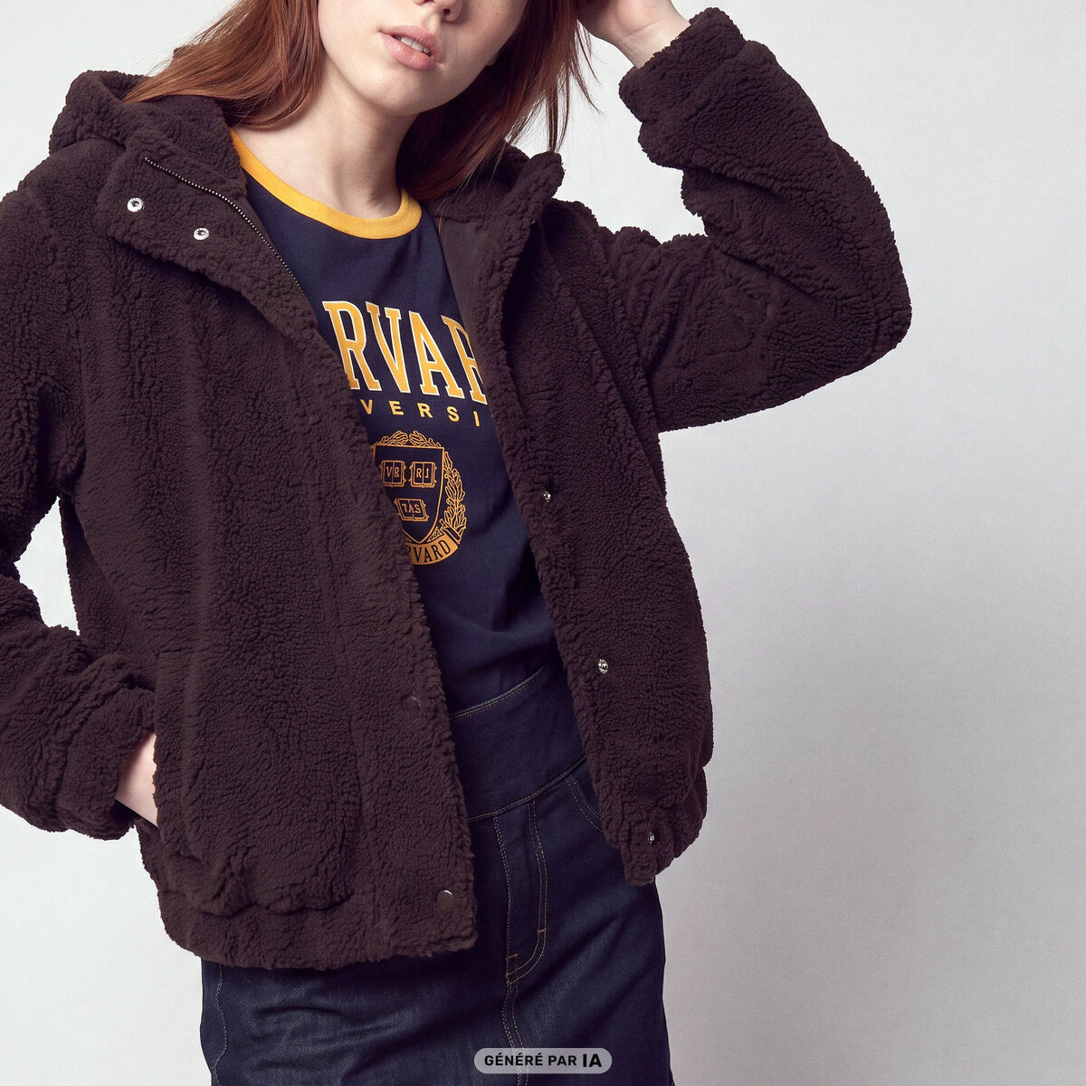 Blouson court droit effet polaire marron fonc&eacute;