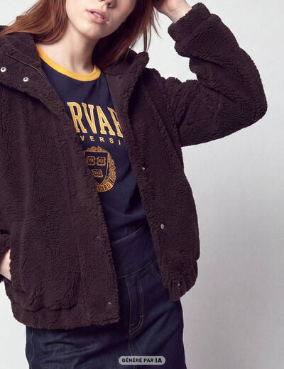 Blouson court droit effet polaire marron fonc&eacute;