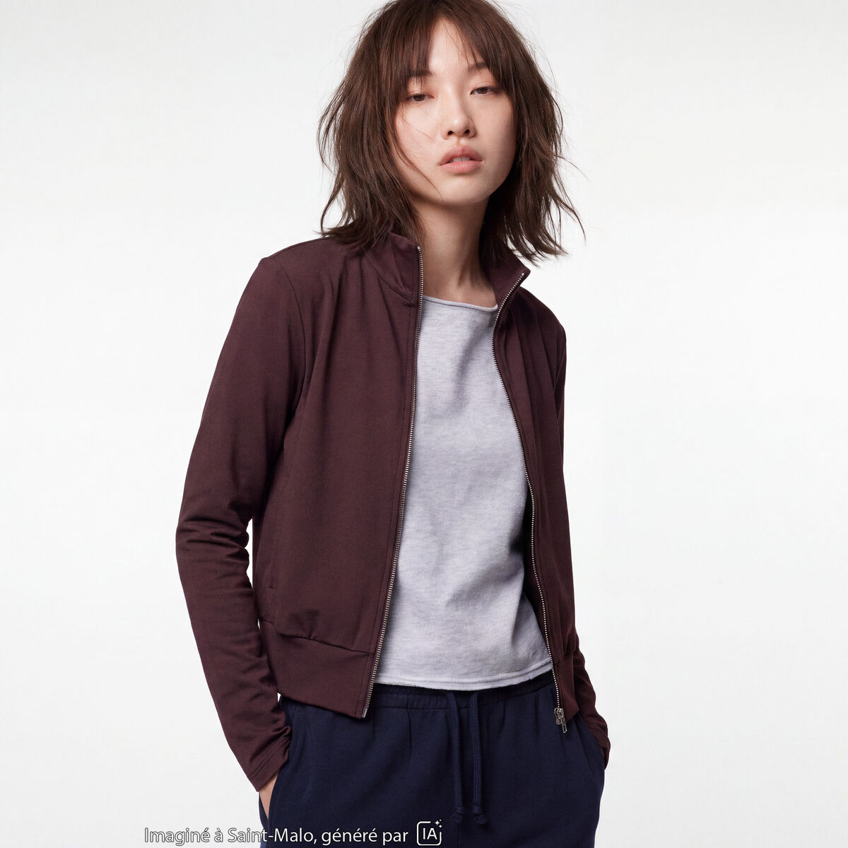Gilet droit cropped col montant marron fonc&eacute;