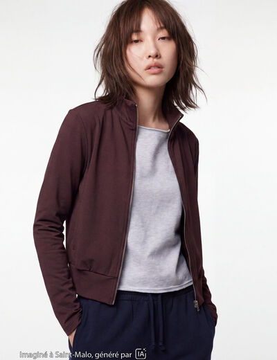 Gilet droit cropped col montant marron fonc&eacute;