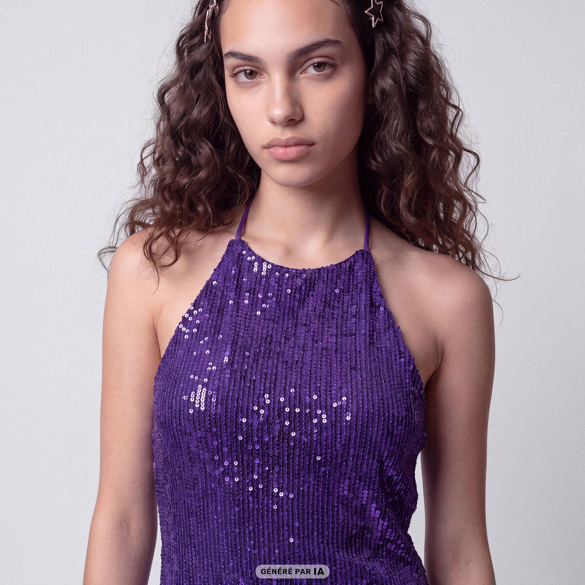 Robe sans manches &agrave; sequins col montant bleu electrique