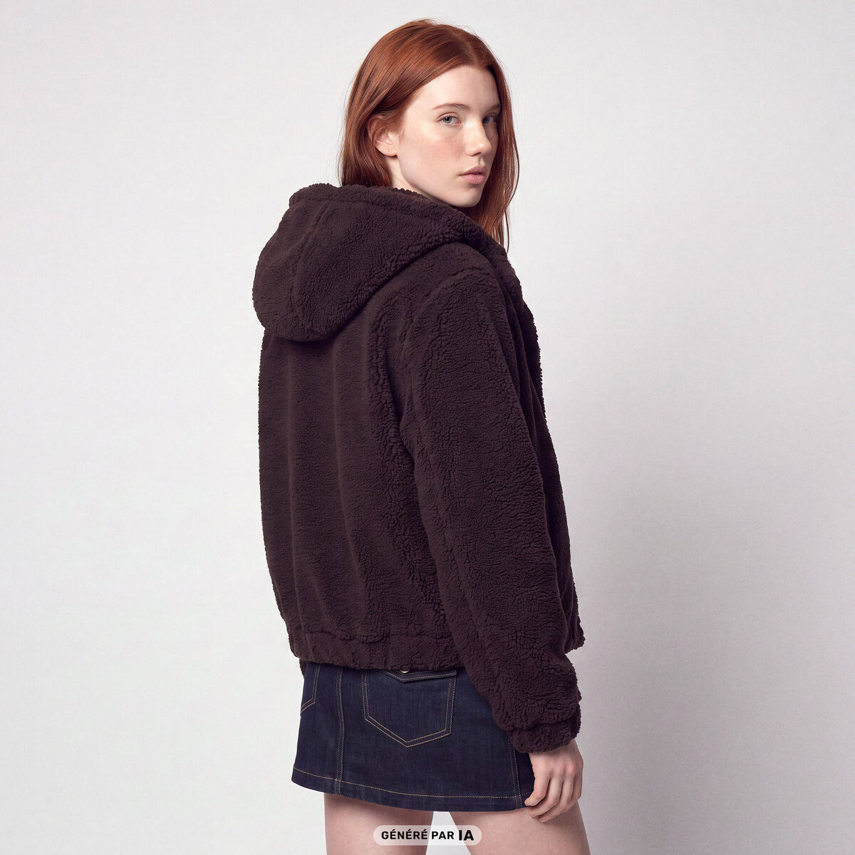 Blouson court droit effet polaire marron fonc&eacute;