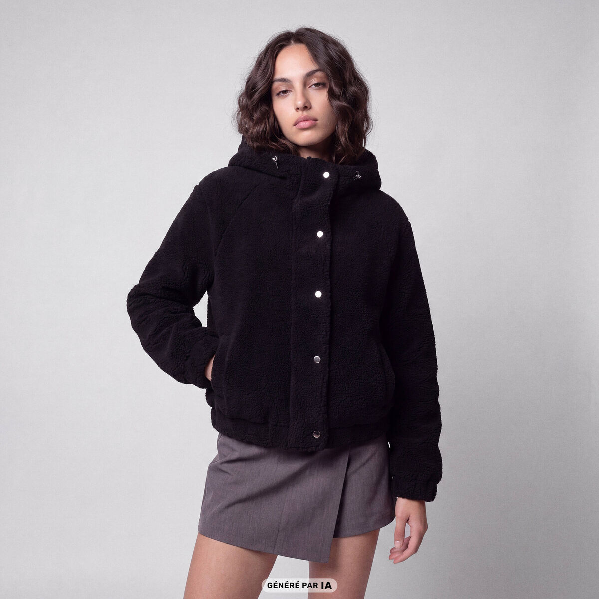 Blouson court droit effet polaire noir