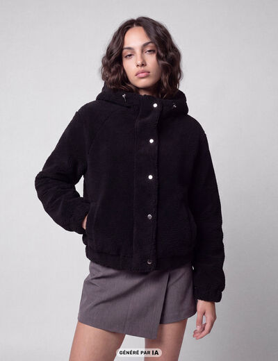 Blouson court droit effet polaire noir