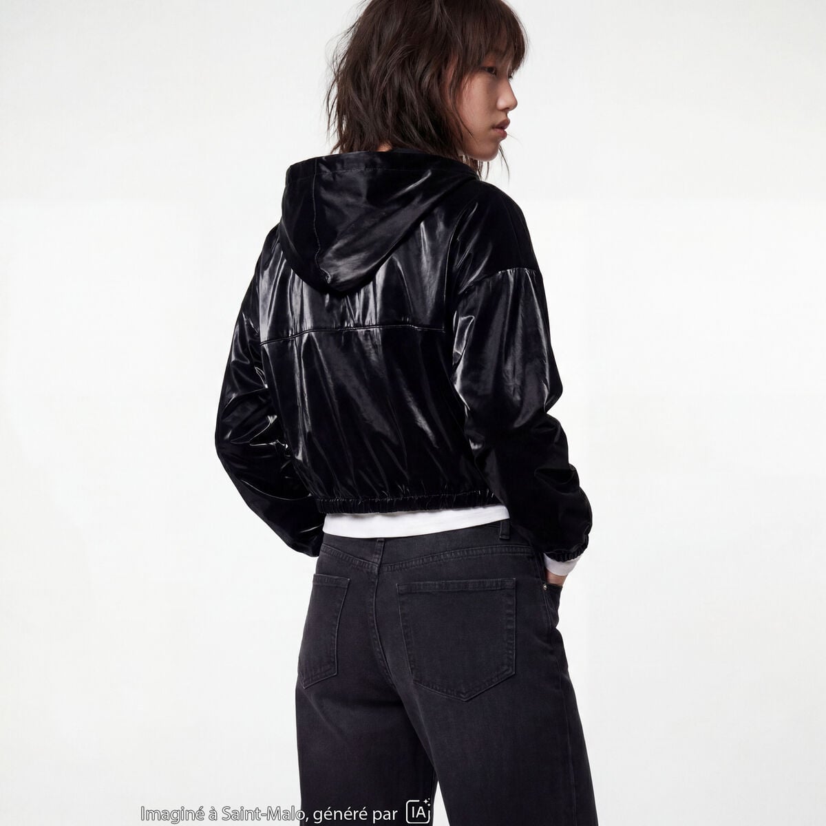 Sweat &agrave; capuche droit cropped en velours noir
