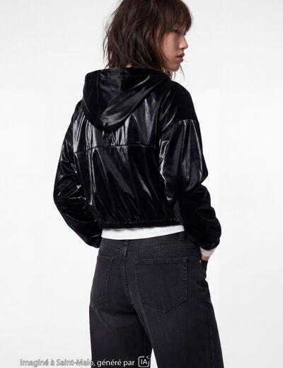 Sweat &agrave; capuche droit cropped en velours noir