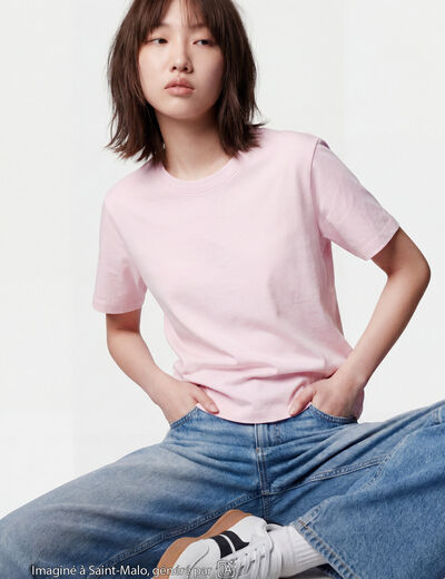 T-shirt col rond manches courtes rose clair