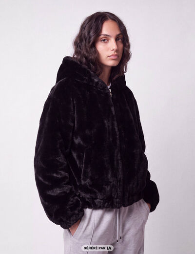 Blouson capuche fausse fourrure noir