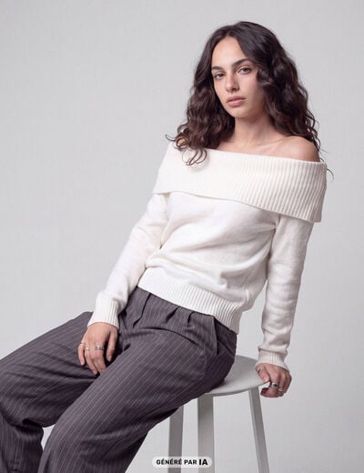 Pull col bardot manches longues ecru
