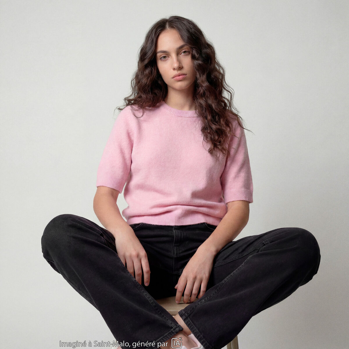 Pull col rond manches courtes rose