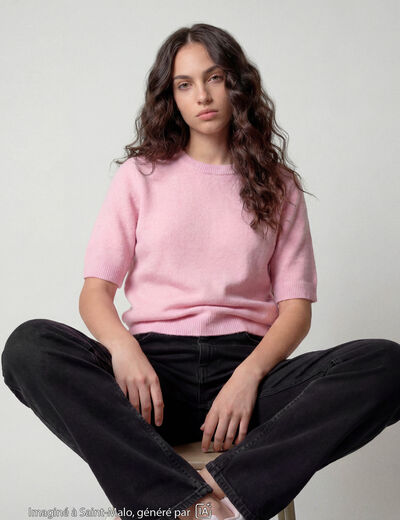 Pull col rond manches courtes rose
