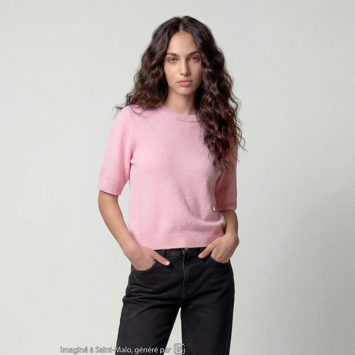 Pull col rond manches courtes rose