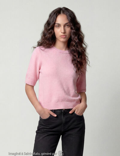 Pull col rond manches courtes rose