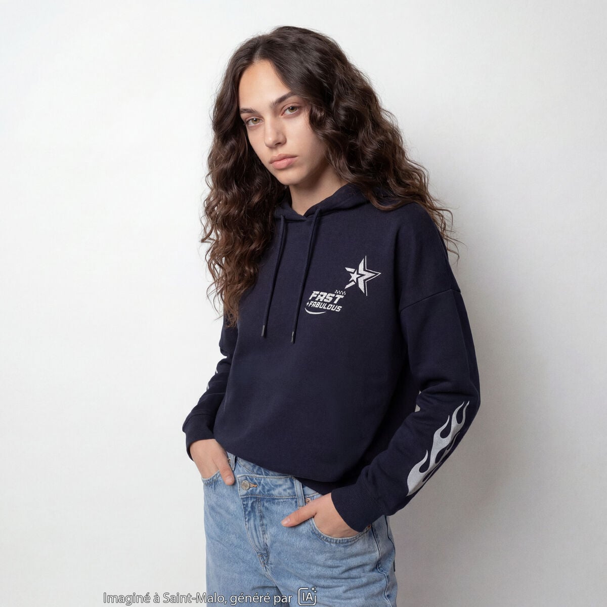 Sweat &agrave; capuche manches longues bleu marine