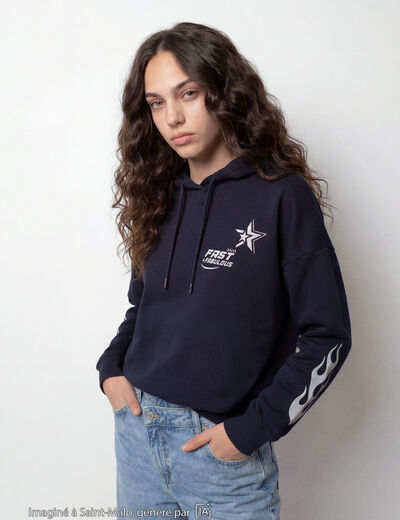 Sweat &agrave; capuche manches longues bleu marine