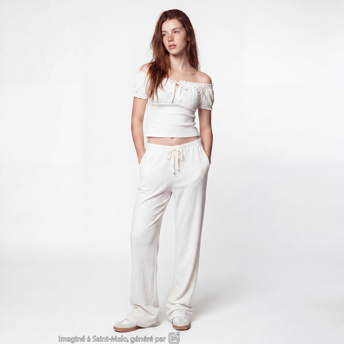 Pantalon large taille standard ecru