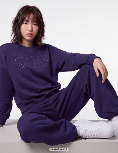Jogging large &agrave; strass bleu marine