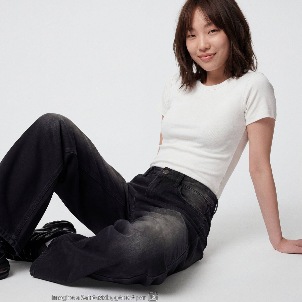 Jean wide leg taille basse denim noir ado