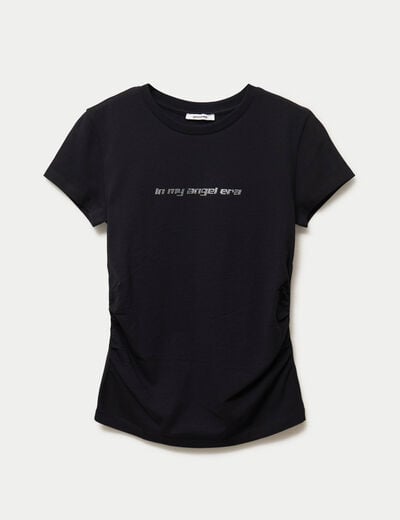 T-shirt cintr&eacute; manches courtes strass noir