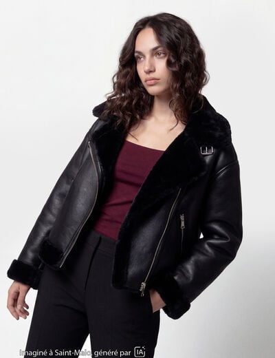 Blouson cropped similicuir noir