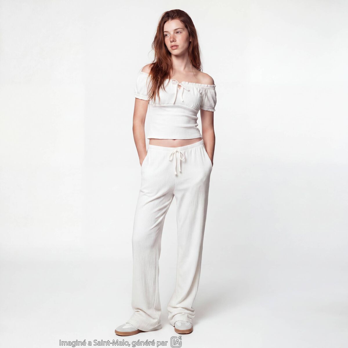 Pantalon large taille standard ecru ado