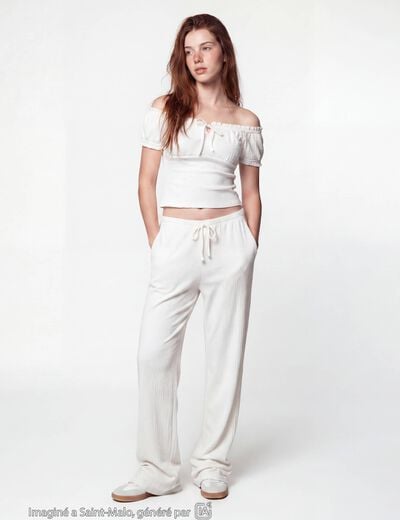 Pantalon large taille standard ecru ado