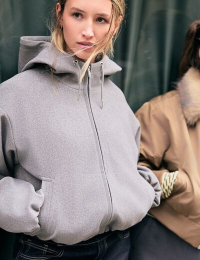 Blouson cropped effet boule &agrave; capuche beige