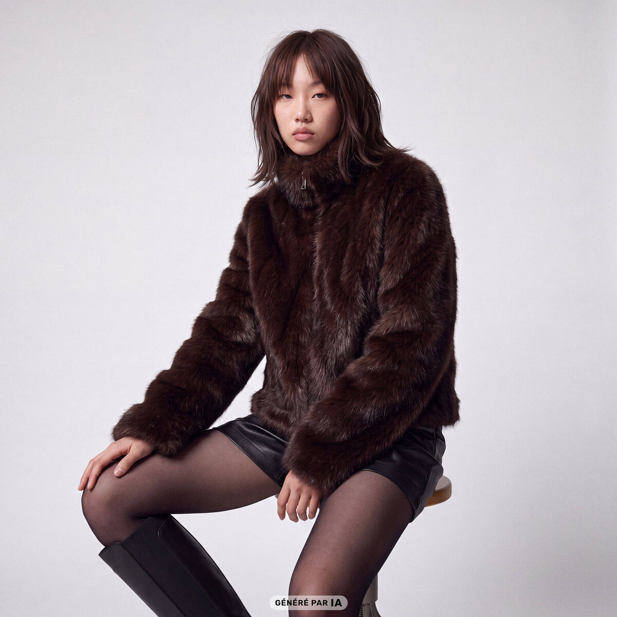 Manteau droit court fausse fourrure marron fonc&eacute;