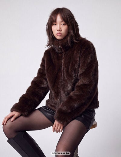 Manteau droit court fausse fourrure marron fonc&eacute;