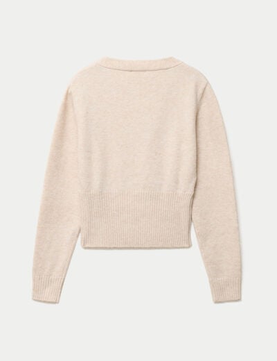 Pull col v manches longues beige