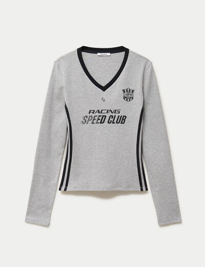 Top ajust&eacute; col v manches longues gris fonc&eacute;