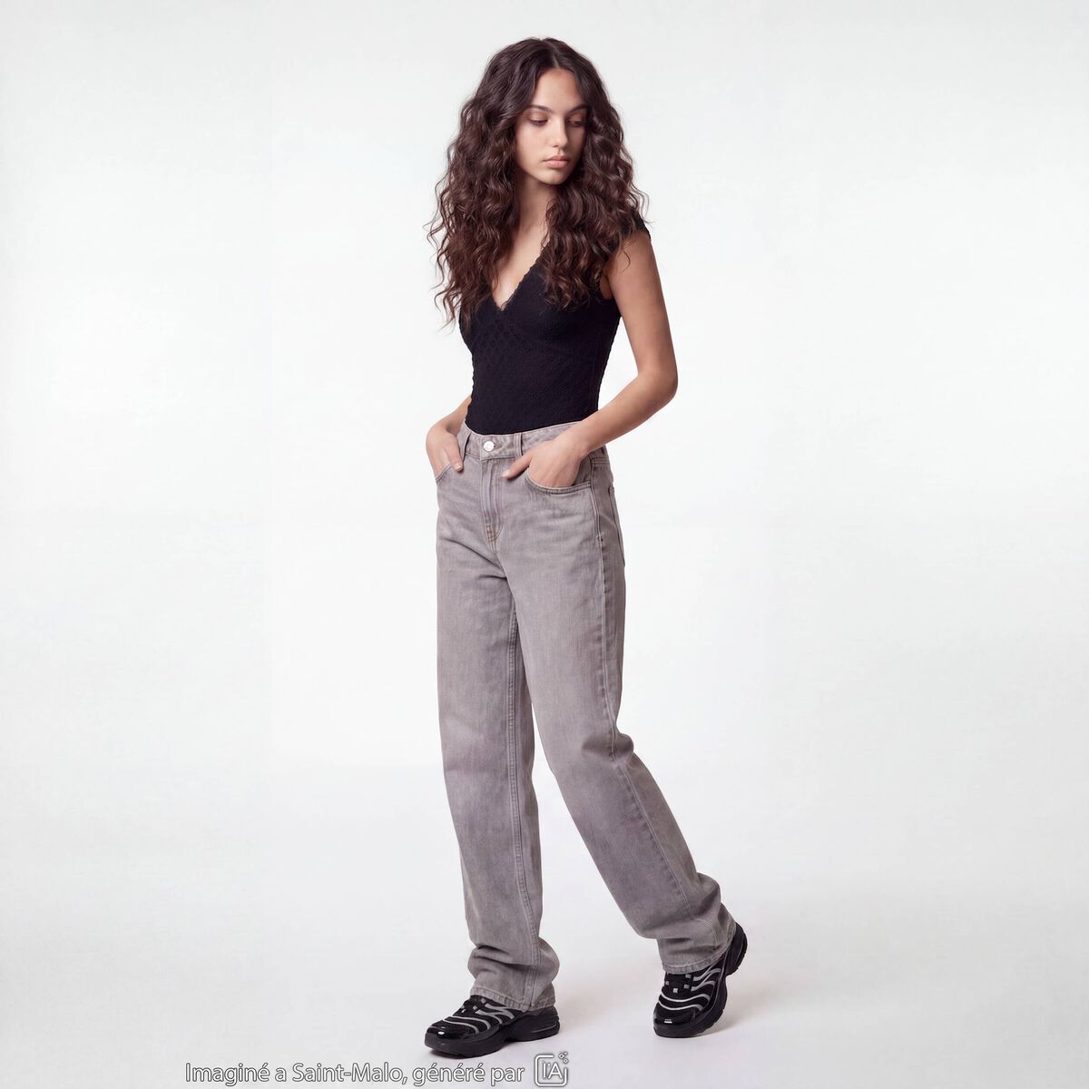 Jean wide leg taille standard denim gris ado