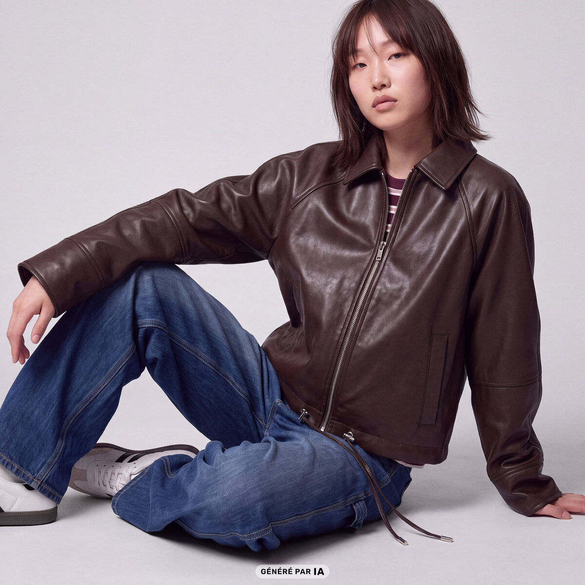 Blouson oversize court similicuir marron fonc&eacute;
