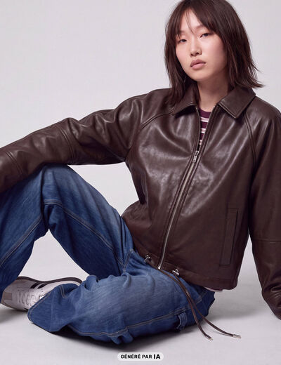 Blouson oversize court similicuir marron fonc&eacute;